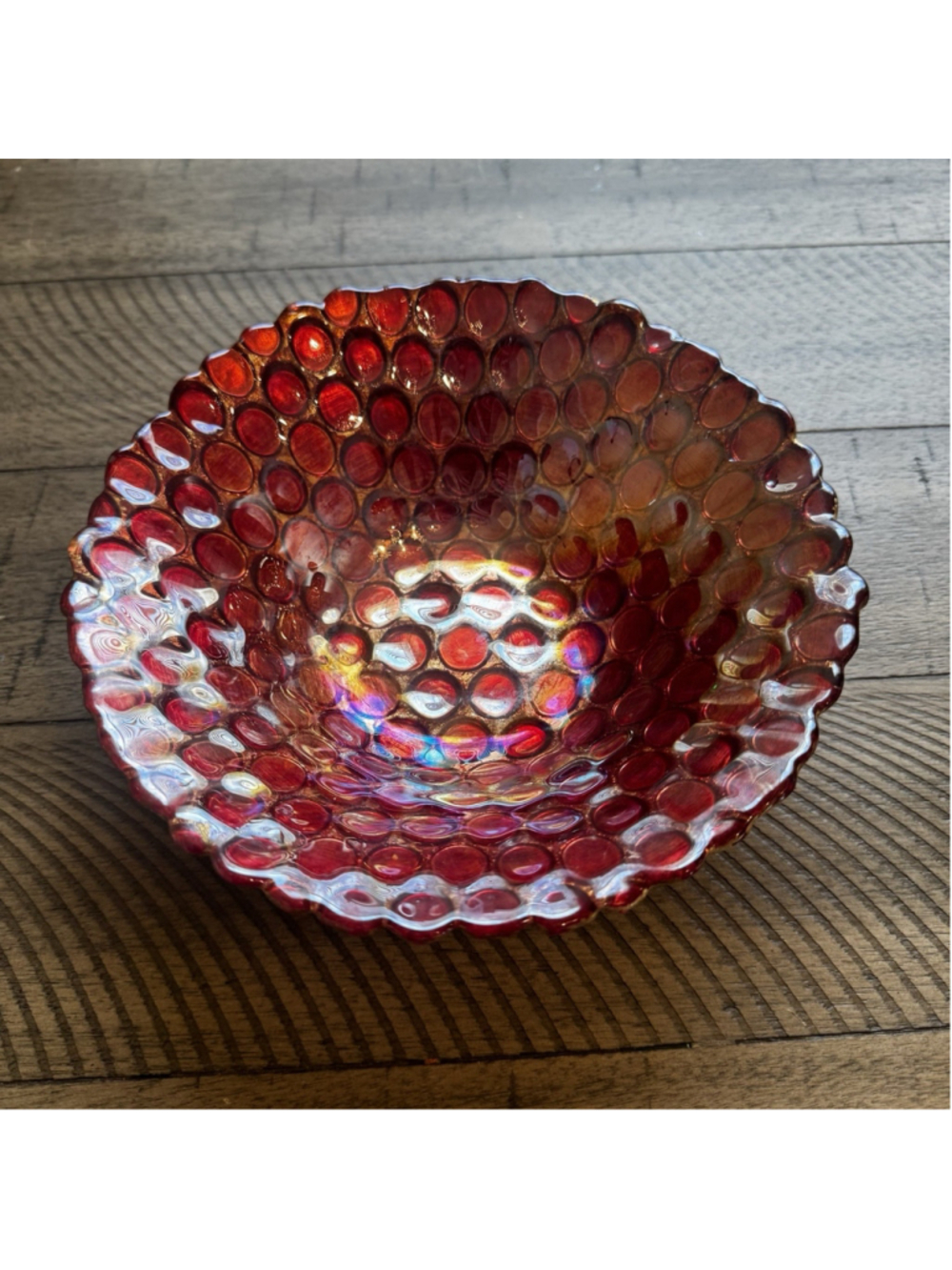 Vintage Iridescent Red Coin Bot Bubble Pressed Glass Bowl With Gold Backing 8”